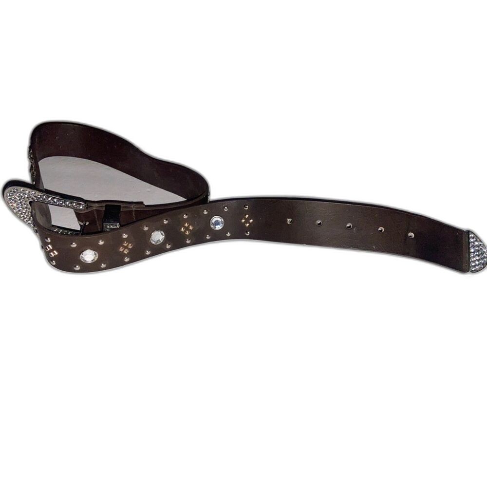 Western Belt Womens Small Medium Brown Bling Silver Tone Rhinestone Cowgirl